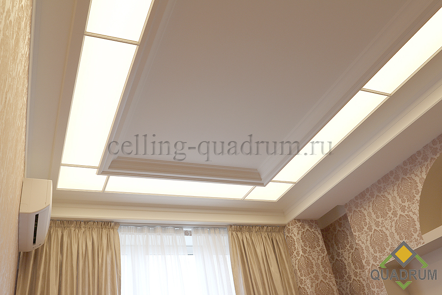 Пример. Потолок - QUADRUM CLASSIC накладной в потолочной нише спальни.