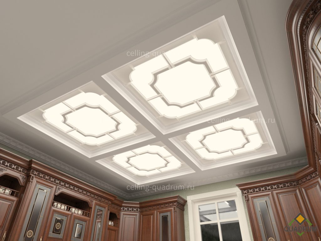 Дизайнерский классический потолок в кухне состоящий из отдельных световых модулей