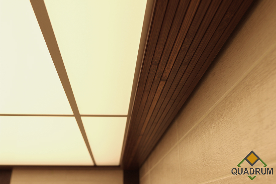 Фрагмент светового потолка каркас которого смонтирован непосредственно к стене и не имеет видимой части несущей конструкции.