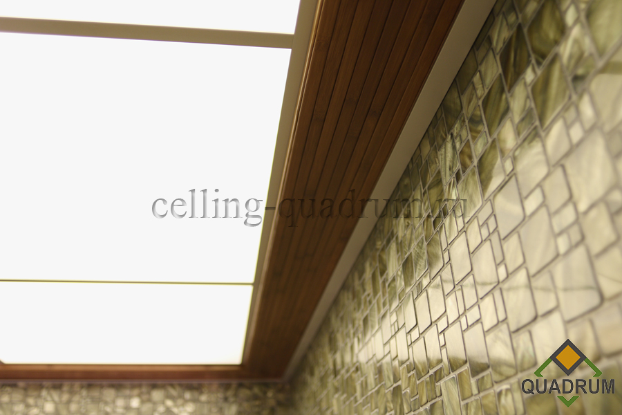 Фотография светового потолка из оргстекла в ванной комнате. Материал каркаса комбинированный (дерево + металл).
